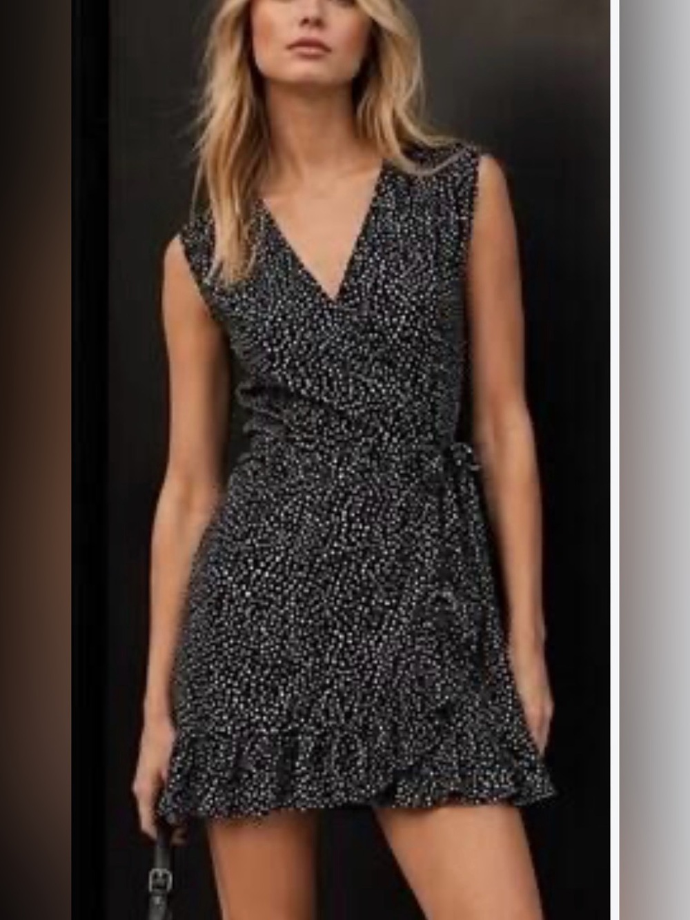 All Saints Krystal Splash Black and White Polka Dot Mini Sleeveless Wrap Dress